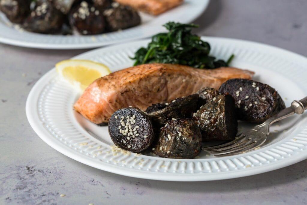 roasted purple potatoes with pan-friend salmon