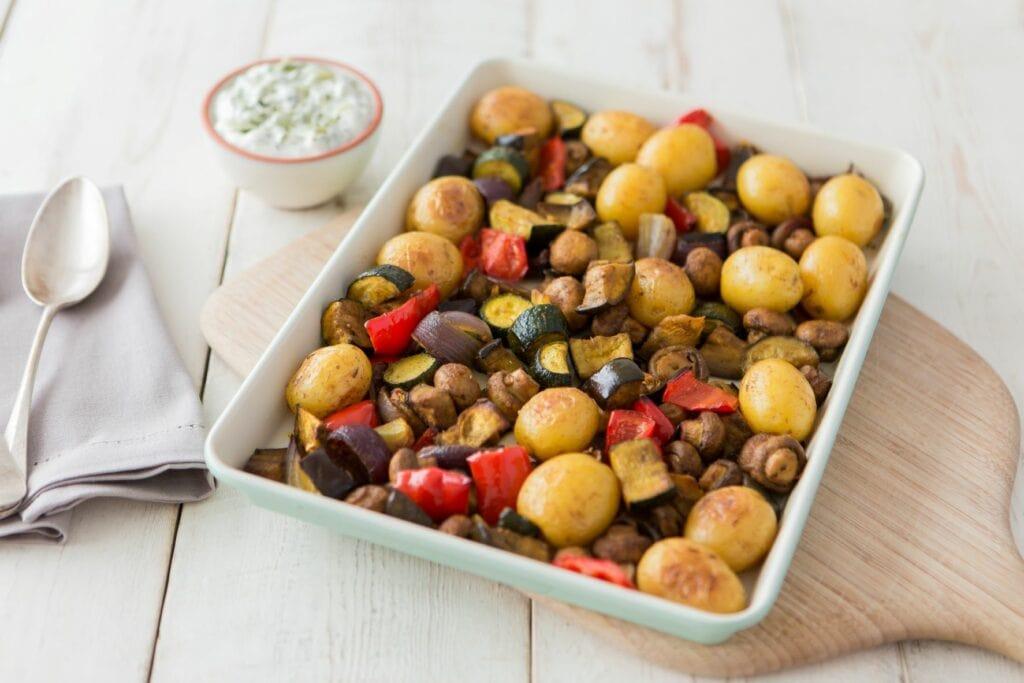 new potato and spiced vegetable traybake